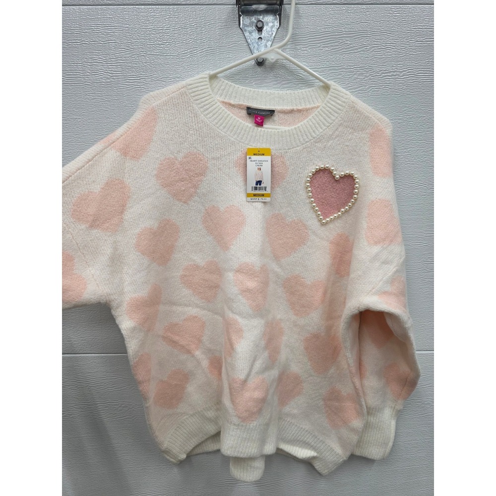 Vince Camuto Heart Sweater Cream Pink Pearl Embellished Pullover SV1824 Medium